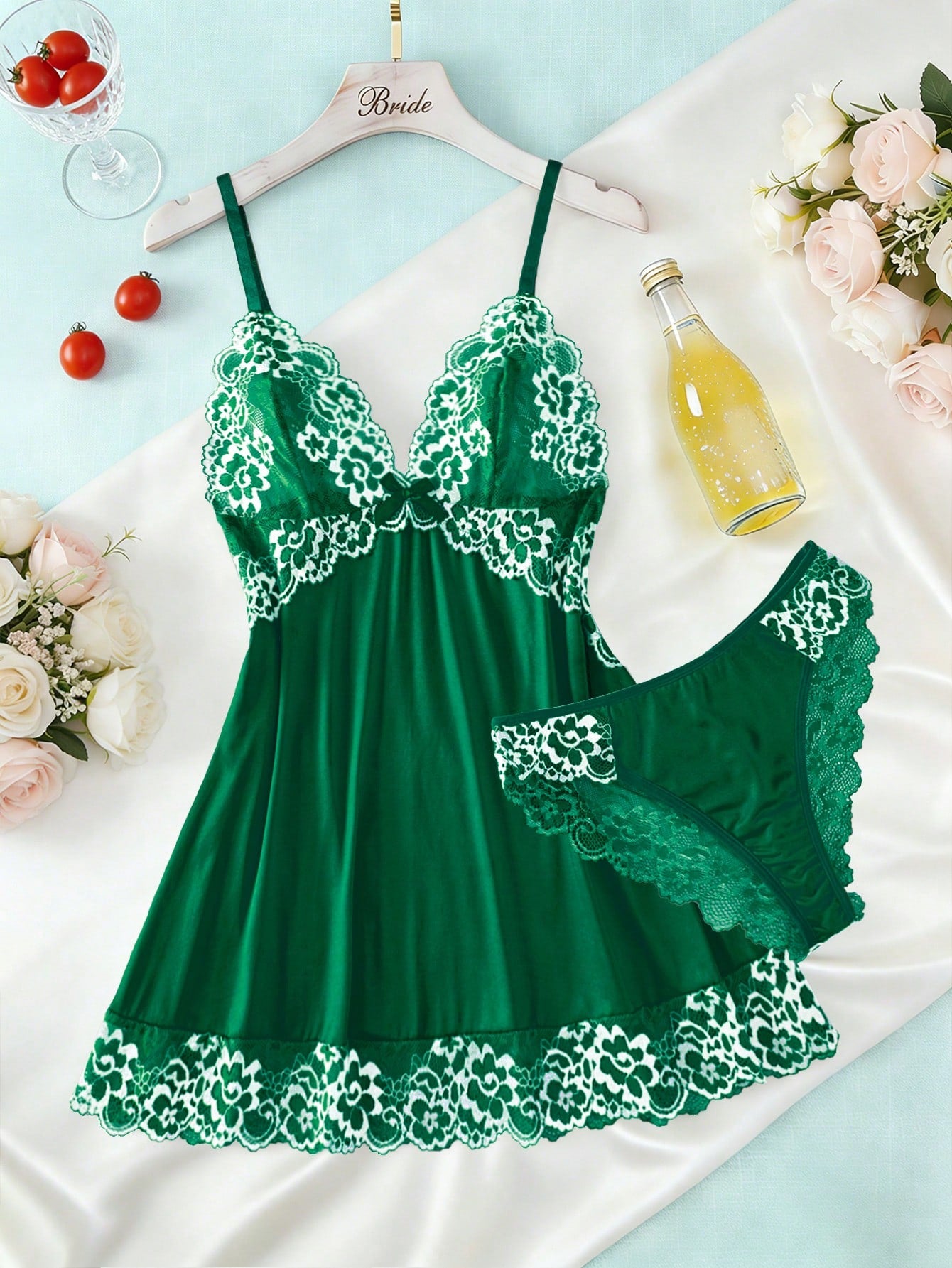2pcs Contrast Floral Lace Sleepwear Set, V-Neck Semi-Sheer Bow Tie Nightgown And Panties, Elegant Women Pajamas