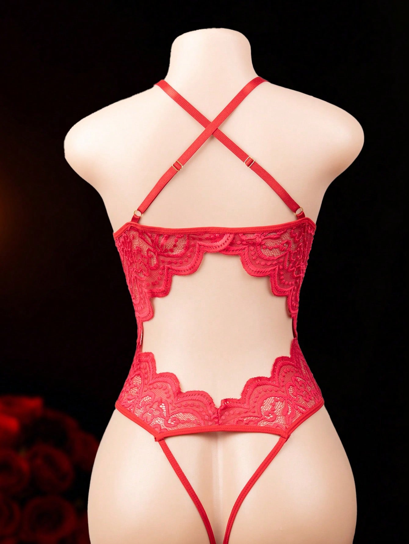 1-piece women’s tight-fitting sheer lace bodysuit lingerie with contrast lace, V-neck, adjustable straps, underwire half-cup bralette design, high-rise thong cut, and open crotch detail.