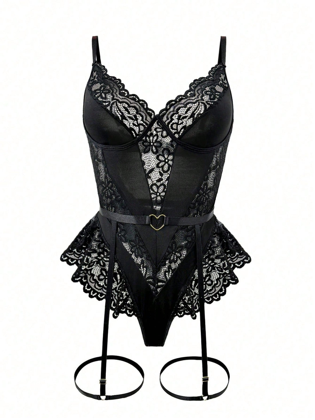 Women’s 2-piece sexy lace patch bodysuit set featuring adjustable spaghetti straps, cut-out details, semi-sheer fabric, and thong-style bottoms.