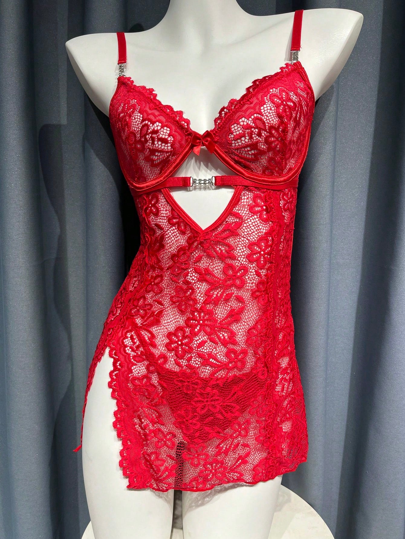 Women’s 2-piece lingerie set featuring a lace contrast mesh babydoll slip nightgown with spaghetti straps and underwire, paired with a low-rise T-back thong.