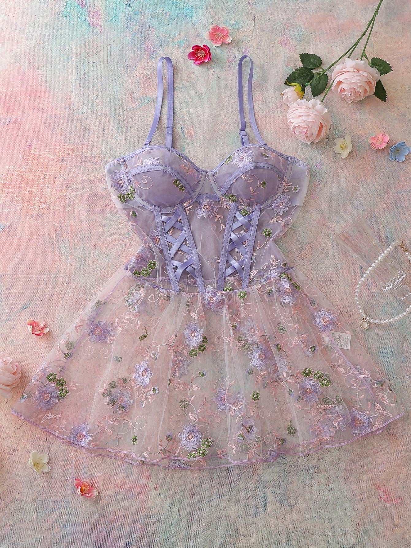 Women's Floral Embroidery Mesh Slip Dress Babydoll Lingerie Butterfly Dress For Women
