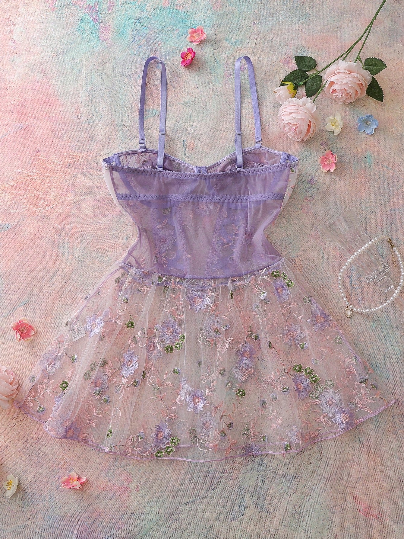 Women's Floral Embroidery Mesh Slip Dress Babydoll Lingerie Butterfly Dress For Women