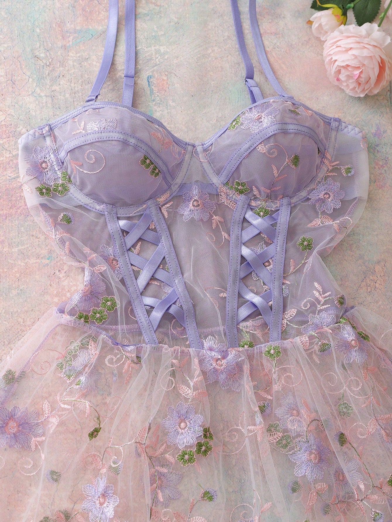 Women's Floral Embroidery Mesh Slip Dress Babydoll Lingerie Butterfly Dress For Women