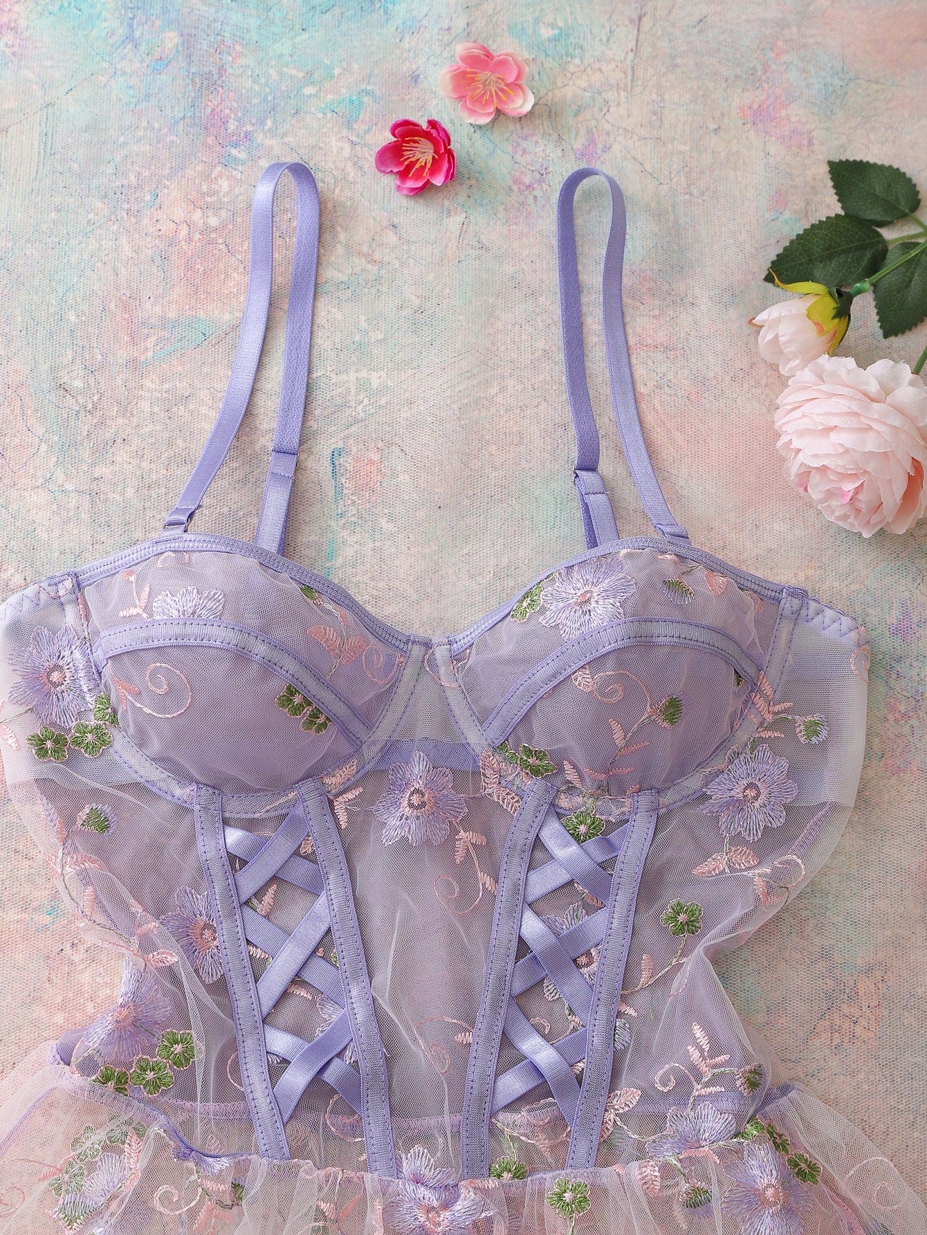 Women's Floral Embroidery Mesh Slip Dress Babydoll Lingerie Butterfly Dress For Women