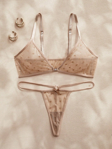Women’s 2-piece lingerie set with a polka dot mesh bralette featuring a front closure, adjustable straps, lace trim, and a matching low-rise thong.