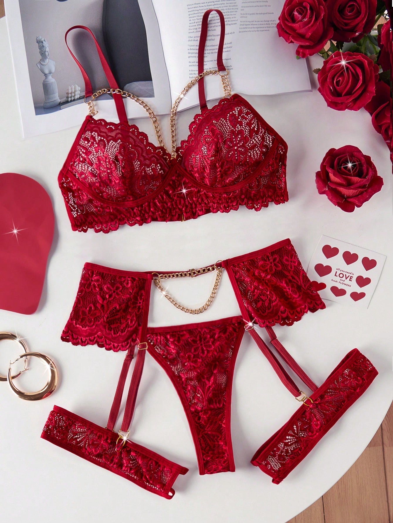 Three-piece women’s sexy lingerie set featuring a front-closure 3/4 cup bra with adjustable straps and decorative detail, an adjustable garter belt, and a thong, with semi-sheer lace accents.