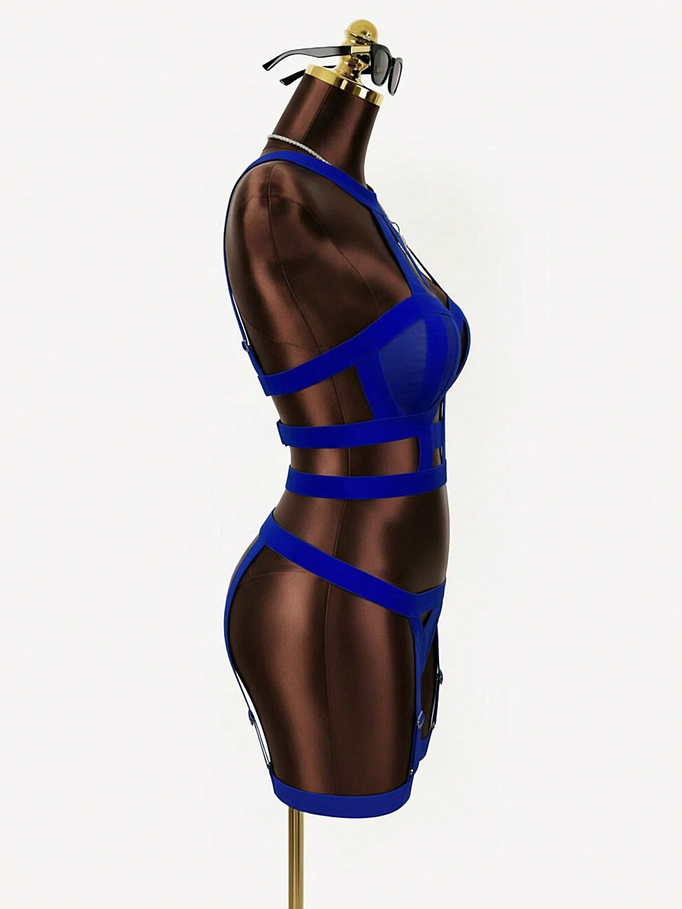 Women’s 4-piece solid cut-out garter lingerie set with halter bralette and thong, includes 1 pair of leg rings; plain ultra-sexy style in slight-stretch fabric, available in red and royal blue.