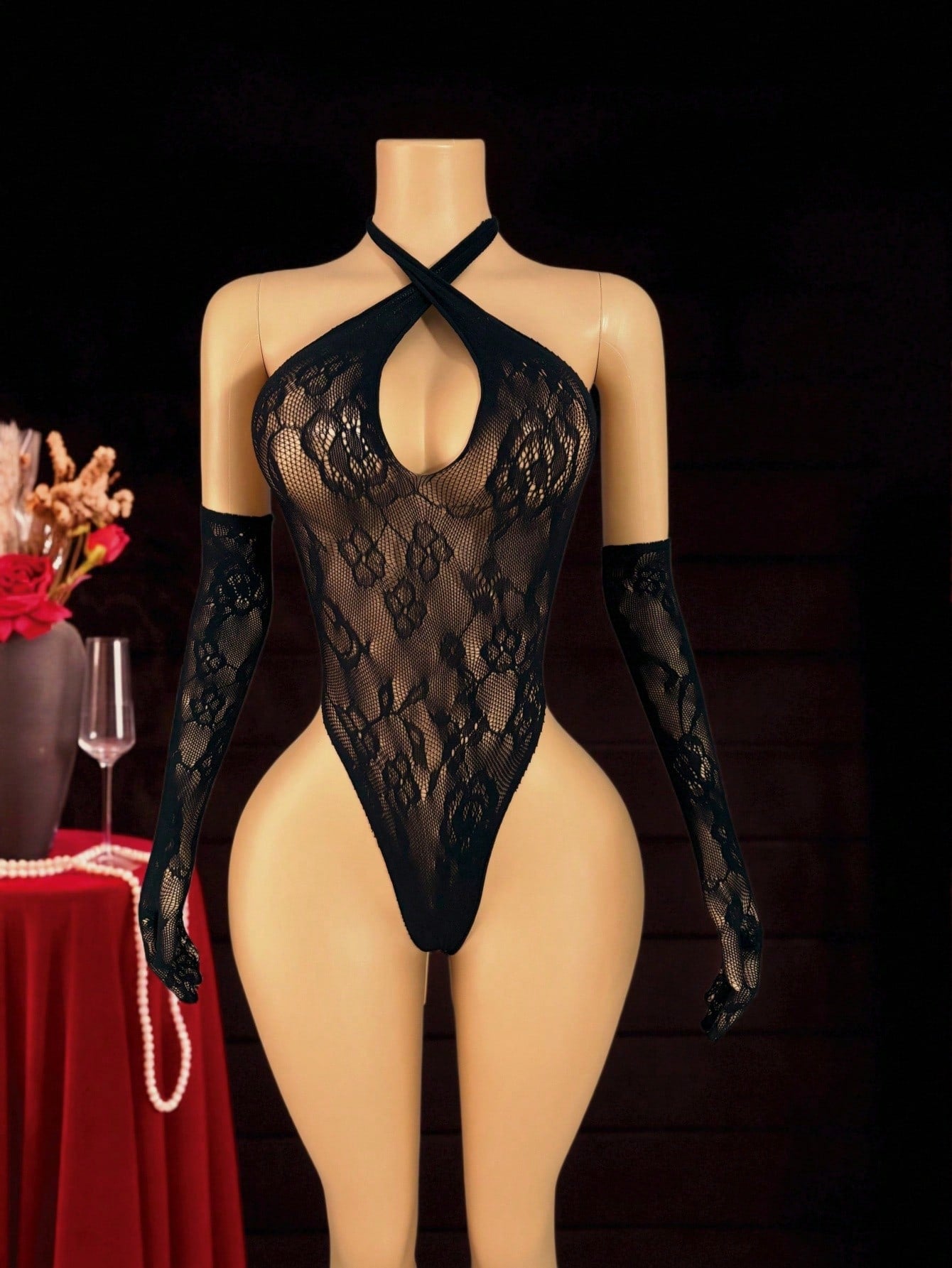 Women’s 3-piece sexy bodystocking lingerie set with cut-out sheer design, strapless halter neckline, underwire 1/2 cup teddy bodysuit, and matching low-rise thong pieces in plain black or red high-stretch fabric.