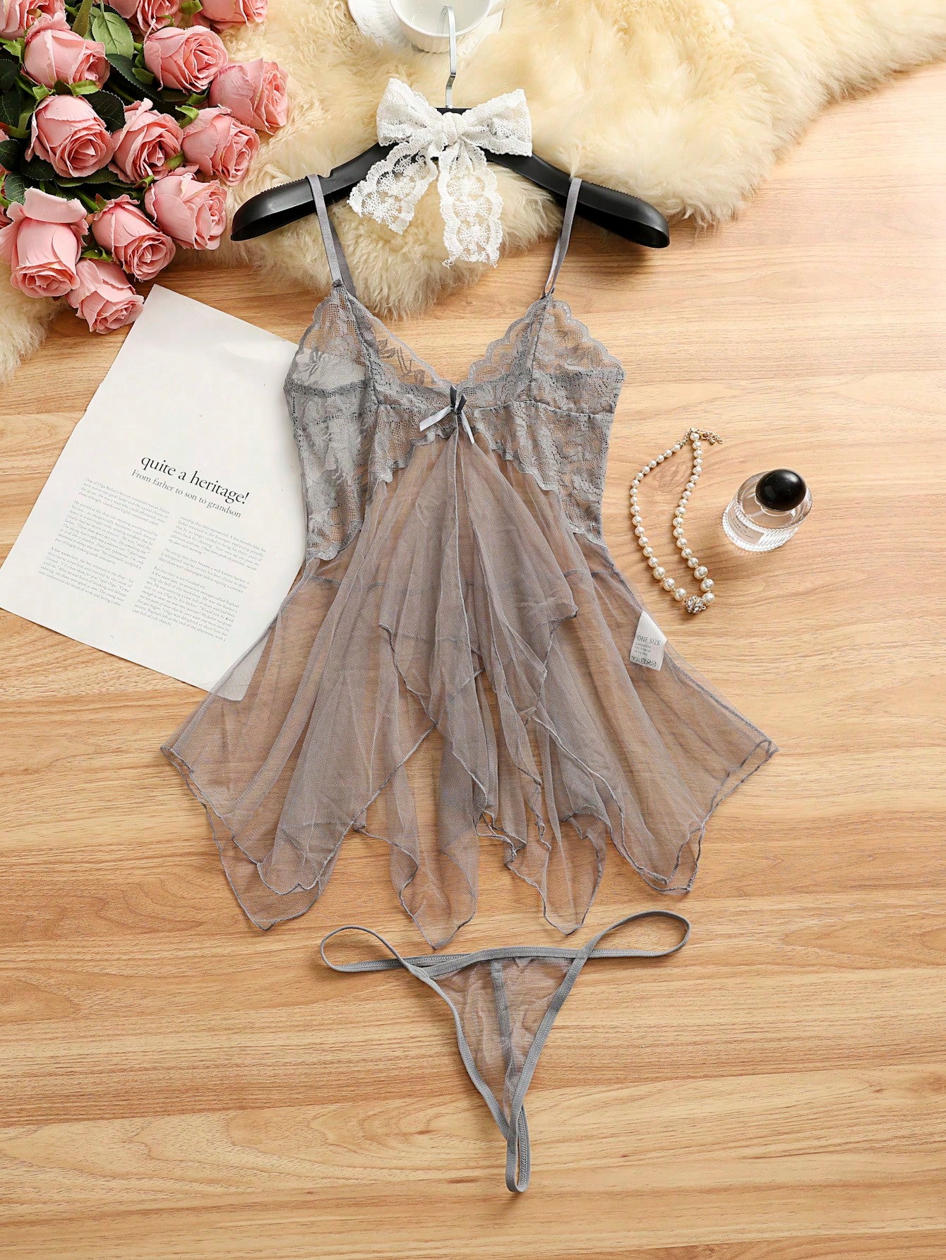 Kawaii 2pcs Sexy Sheer Mesh Camisole Nightgown Lingerie Set For Women