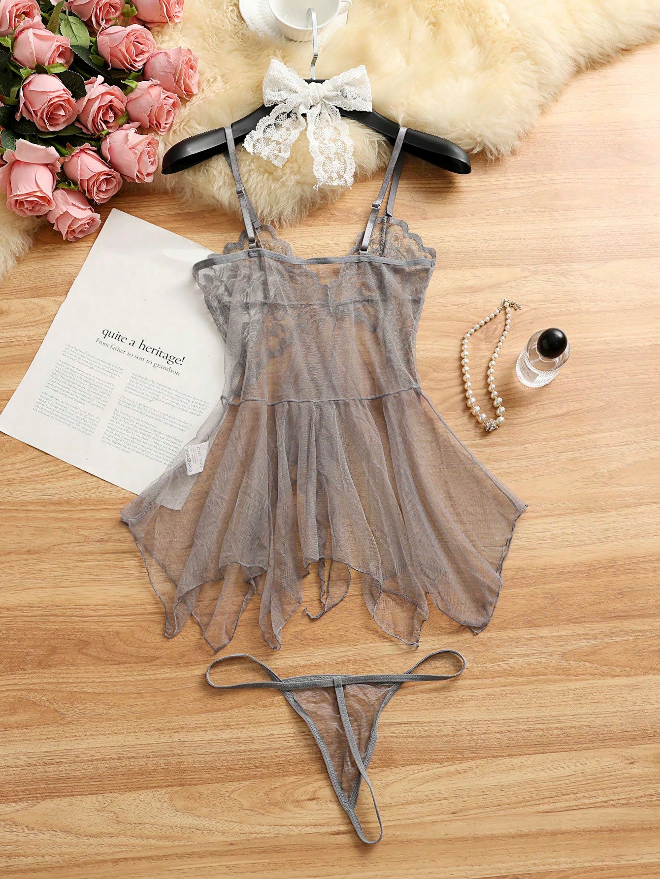 Kawaii 2pcs Sexy Sheer Mesh Camisole Nightgown Lingerie Set For Women
