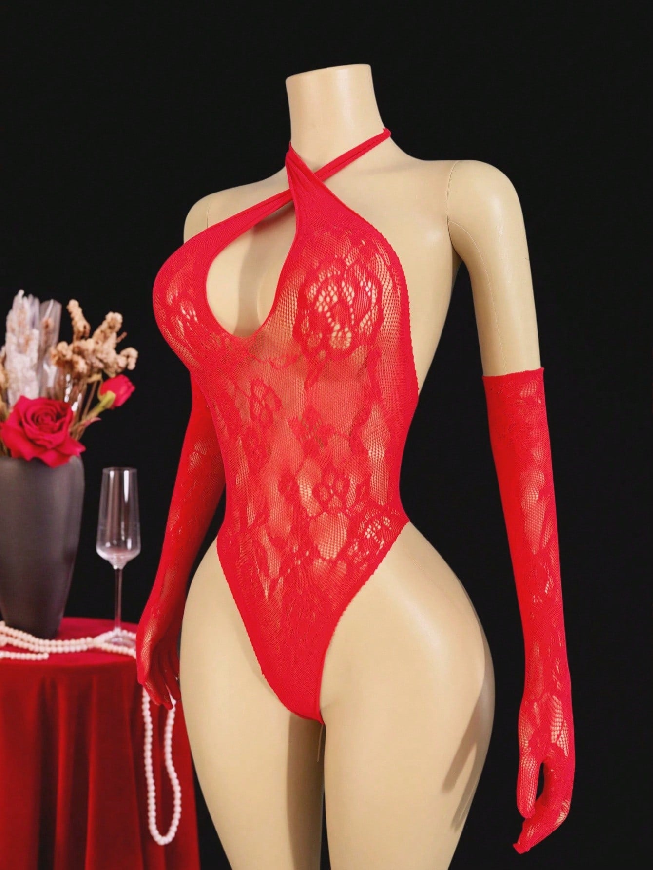 Women’s 3-piece sexy bodystocking lingerie set with cut-out sheer design, strapless halter neckline, underwire 1/2 cup teddy bodysuit, and matching low-rise thong pieces in plain black or red high-stretch fabric.