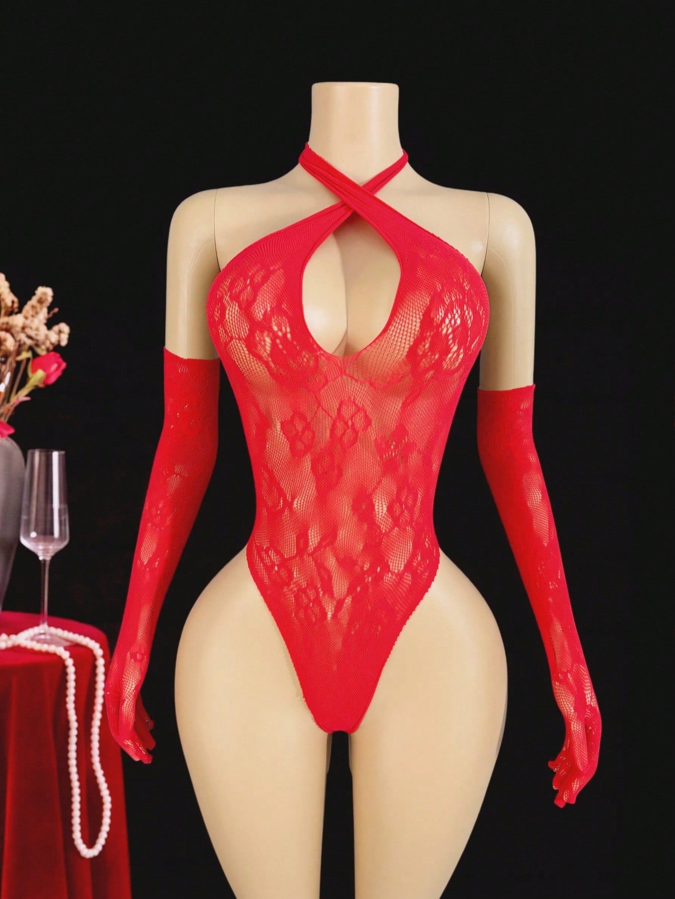Women’s 3-piece sexy bodystocking lingerie set with cut-out sheer design, strapless halter neckline, underwire 1/2 cup teddy bodysuit, and matching low-rise thong pieces in plain black or red high-stretch fabric.