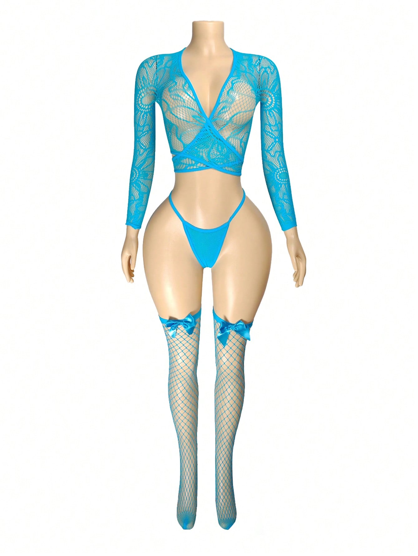 Women's 4-piece sexy lingerie set in yellow, featuring a sheer mesh long sleeve deep V bodysuit-inspired bralette and thong with matching stockings; wireless, backless style with adjustable straps and high-stretch fabric.