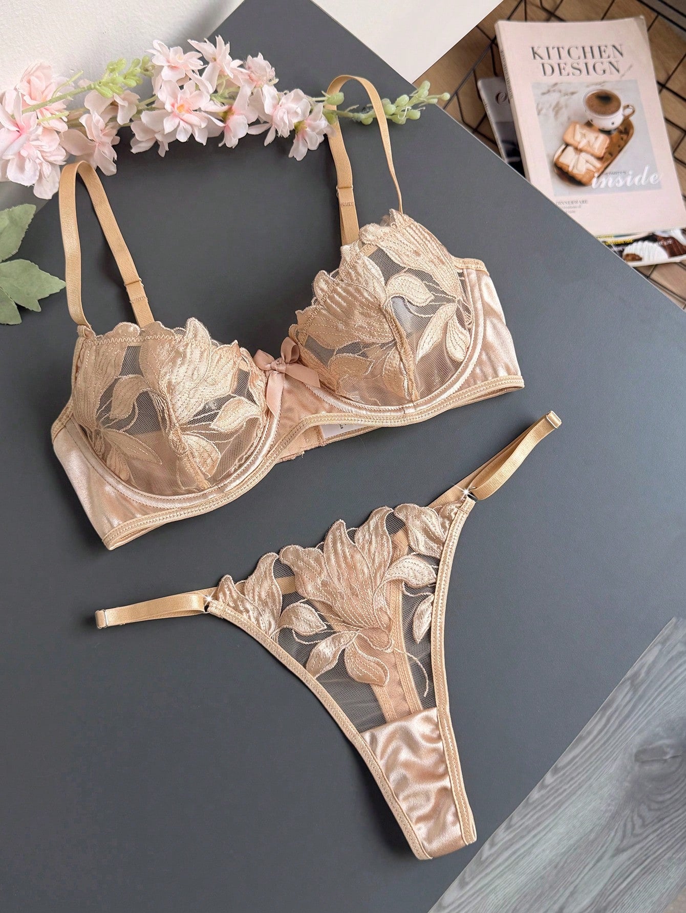 Women’s 2-piece sexy lingerie set featuring an embroidered sheer mesh demi bra with adjustable spaghetti straps and a matching low-rise thong.