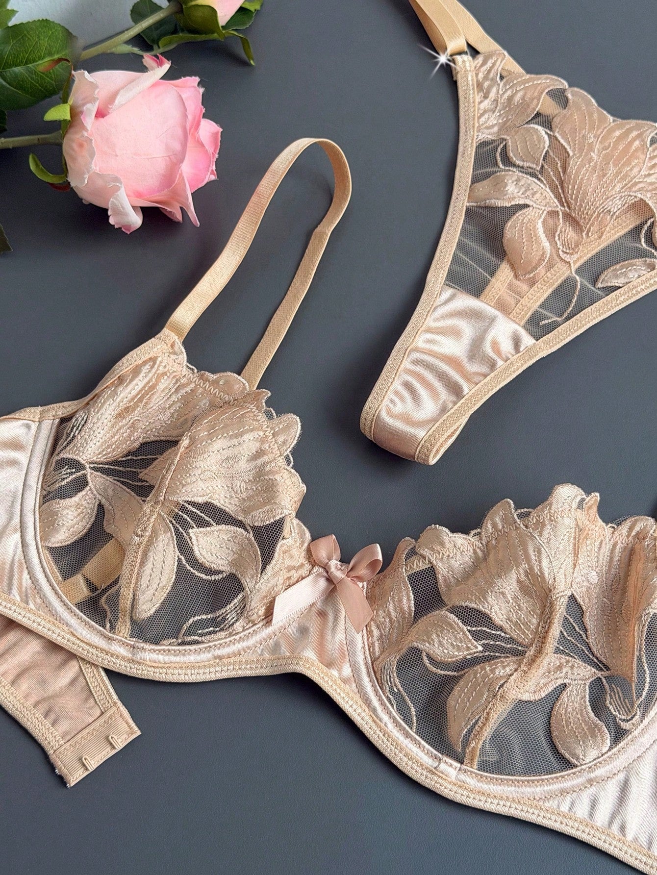 Women’s 2-piece sexy lingerie set featuring an embroidered sheer mesh demi bra with adjustable spaghetti straps and a matching low-rise thong.