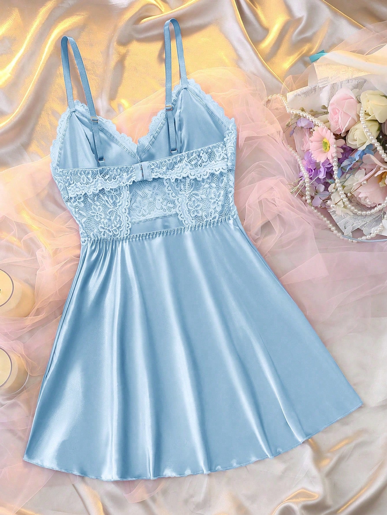Sexy Backless Lace Hollow-Out Patchwork Satin Slip Dress For Women