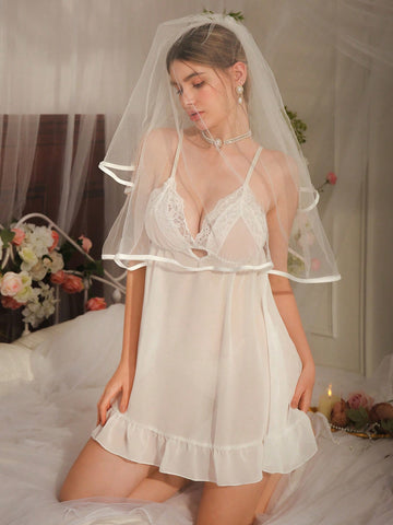 Women's Summer Mesh Contrast Lace Ruffle Hem Camisole Nightgown