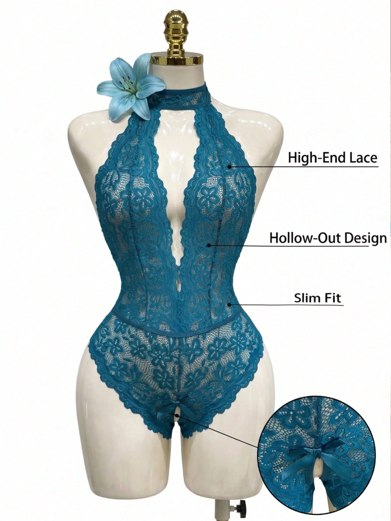 Teal blue floral lace crotchless teddy bodysuit lingerie with scallop trim, halter neckline, crossback straps, sheer unlined design, triangle cups, and thong-style low-rise bottom.