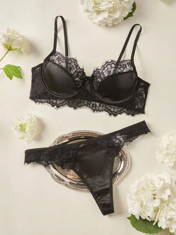 Contrast Lace Underwire Lingerie Set