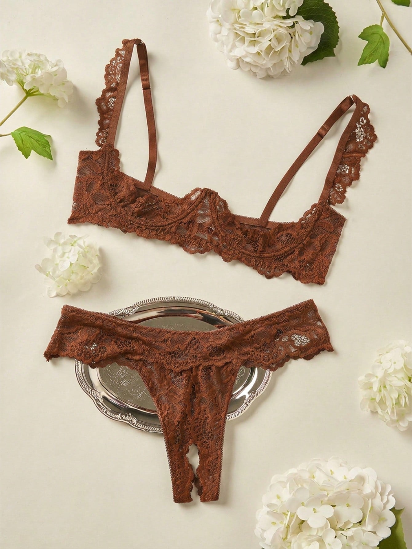 Women’s 2-piece contrast lace lingerie set with a sheer plain design, featuring an underwire open-cup bra with adjustable spaghetti straps and matching low-rise V-string panties.