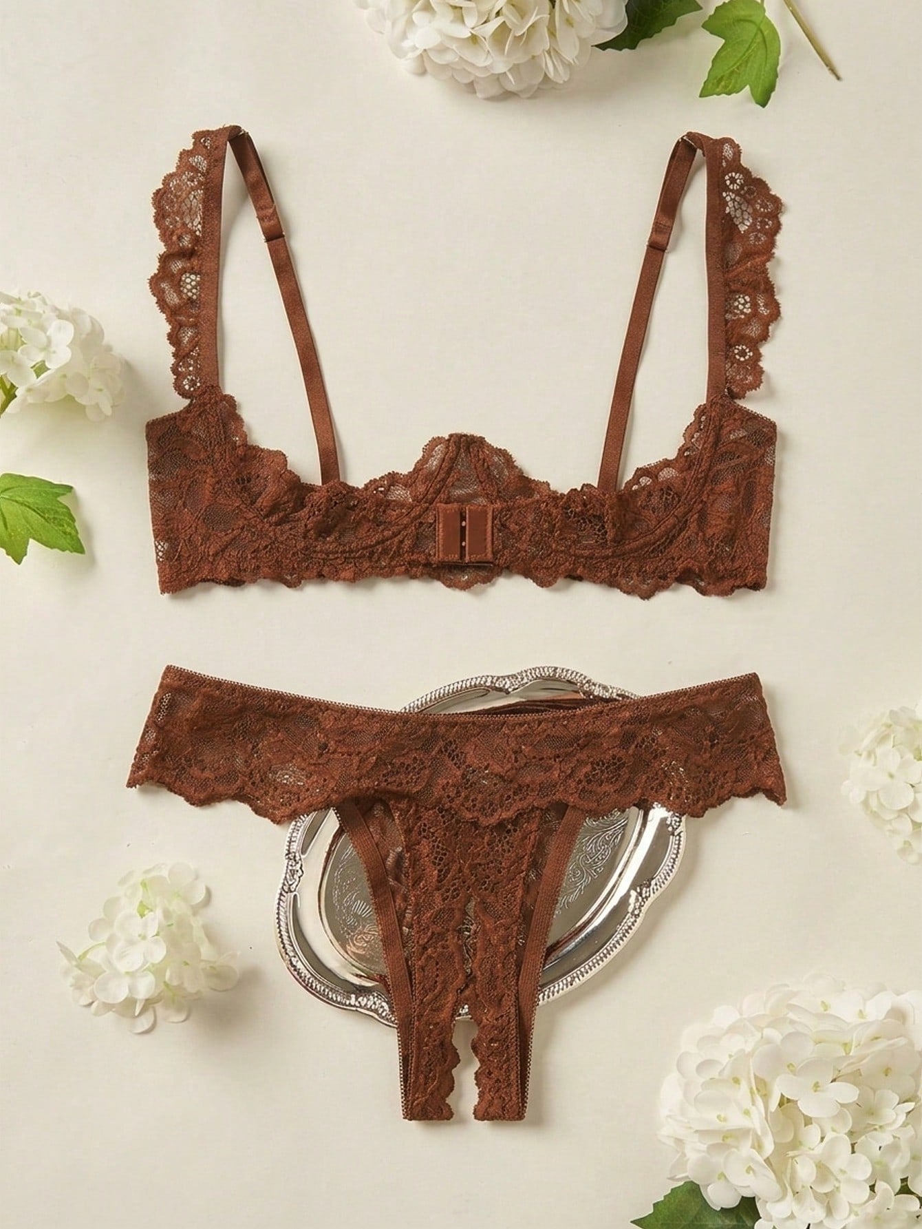 Women’s 2-piece contrast lace lingerie set with a sheer plain design, featuring an underwire open-cup bra with adjustable spaghetti straps and matching low-rise V-string panties.