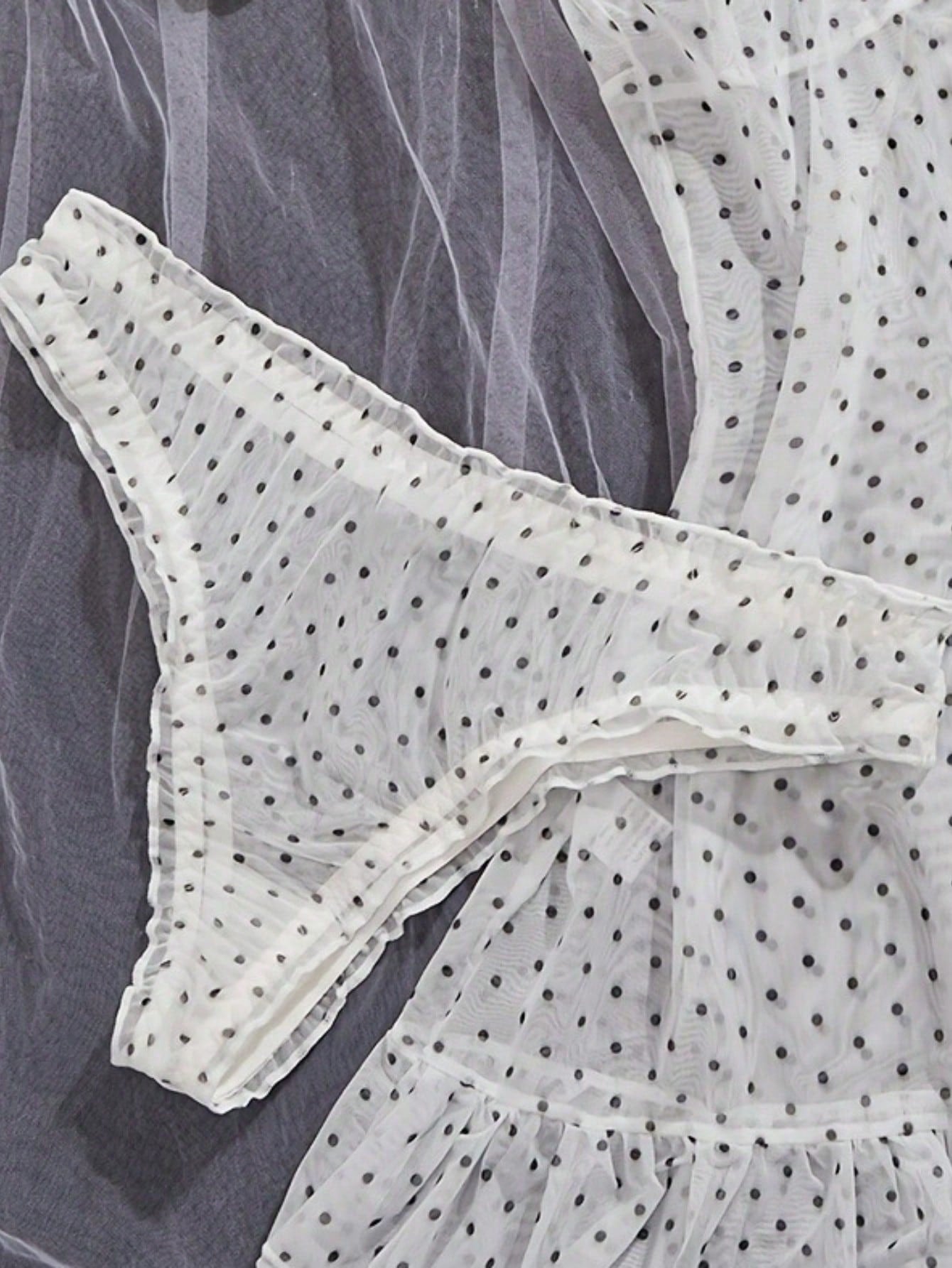 2pcs Polka Dot Nightgown Sexy Women Sheer Mesh Lingerie Chemise Slip Dress Set (With Panty)