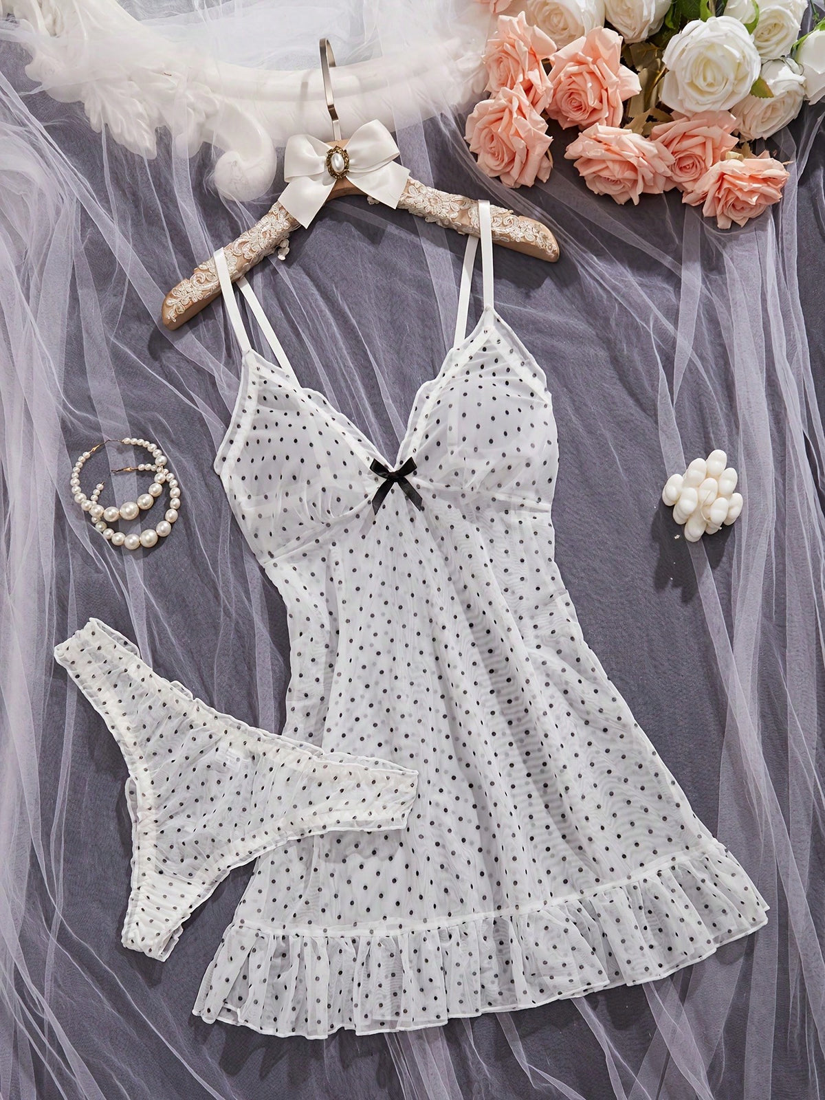 2pcs Polka Dot Sexy Mesh Nightgown Set For Women, Camisole Dress Set (Includes Panties)