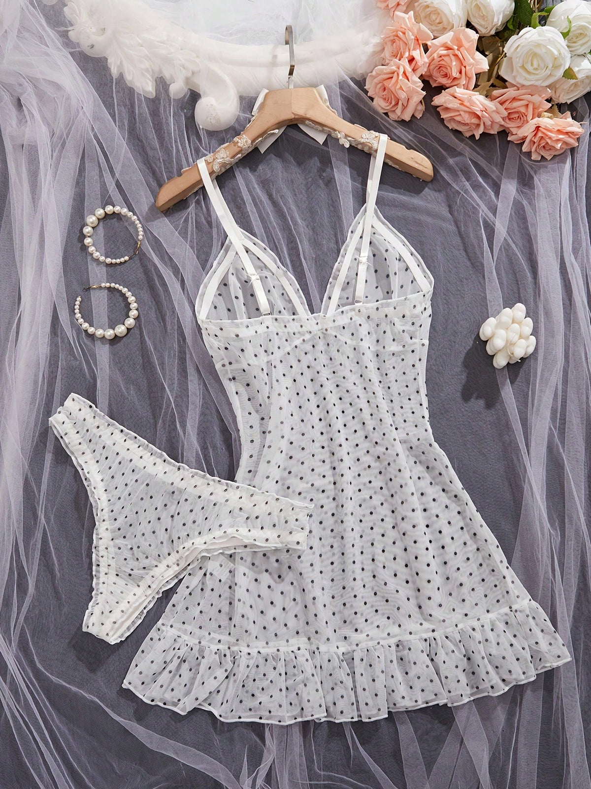 2pcs Polka Dot Sexy Mesh Nightgown Set For Women, Camisole Dress Set (Includes Panties)