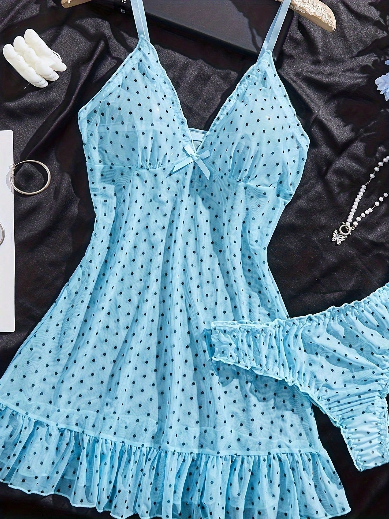 2pcs Polka Dot Nightgown Sexy Women Sheer Mesh Lingerie Chemise Slip Dress Set (With Panty)