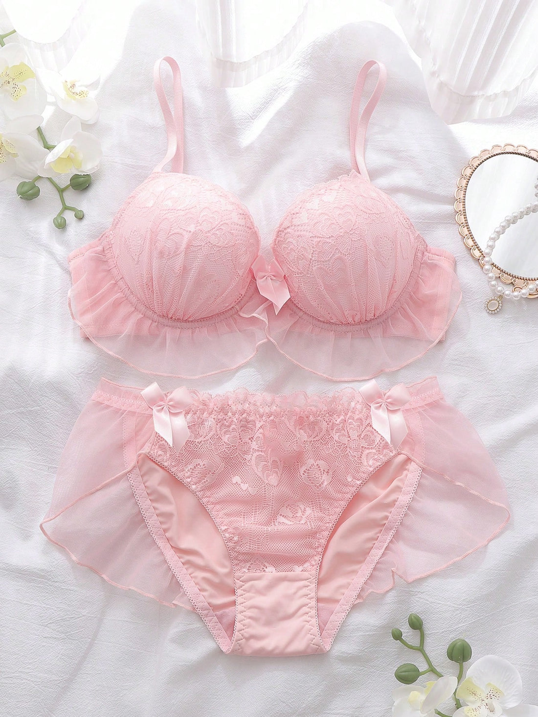 1pc Sheer Embroidered Mesh Babydoll Lingerie Set, Padded Cup With Underwire, Intimate Sleepwear For Summer Holiday, Pink Girly Women's Underwear Set