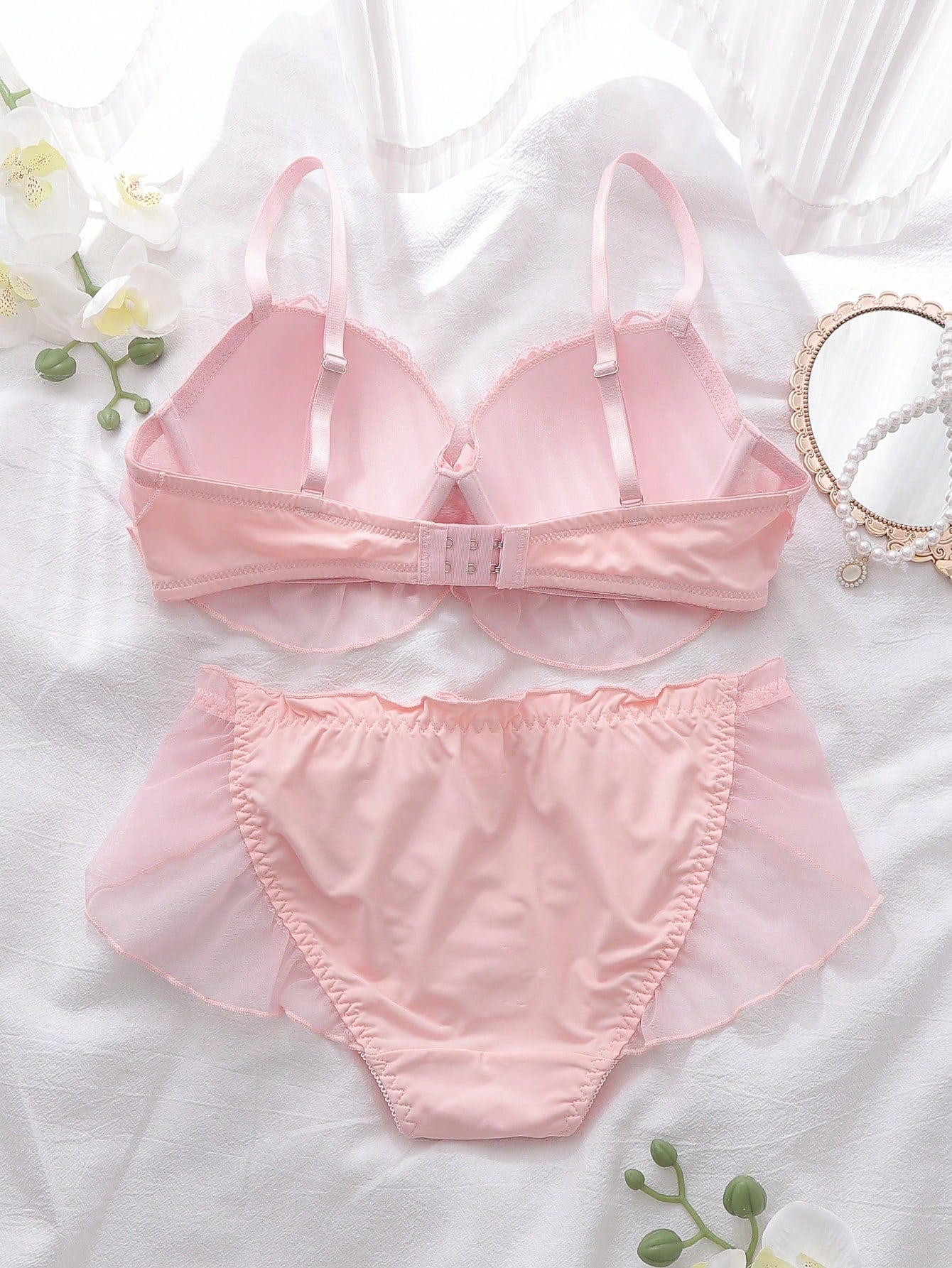 1pc Sheer Embroidered Mesh Babydoll Lingerie Set, Padded Cup With Underwire, Intimate Sleepwear For Summer Holiday, Pink Girly Women's Underwear Set