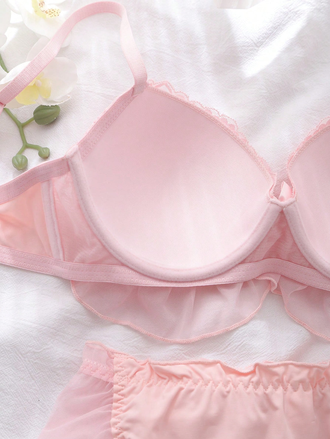 1pc Sheer Embroidered Mesh Babydoll Lingerie Set, Padded Cup With Underwire, Intimate Sleepwear For Summer Holiday, Pink Girly Women's Underwear Set