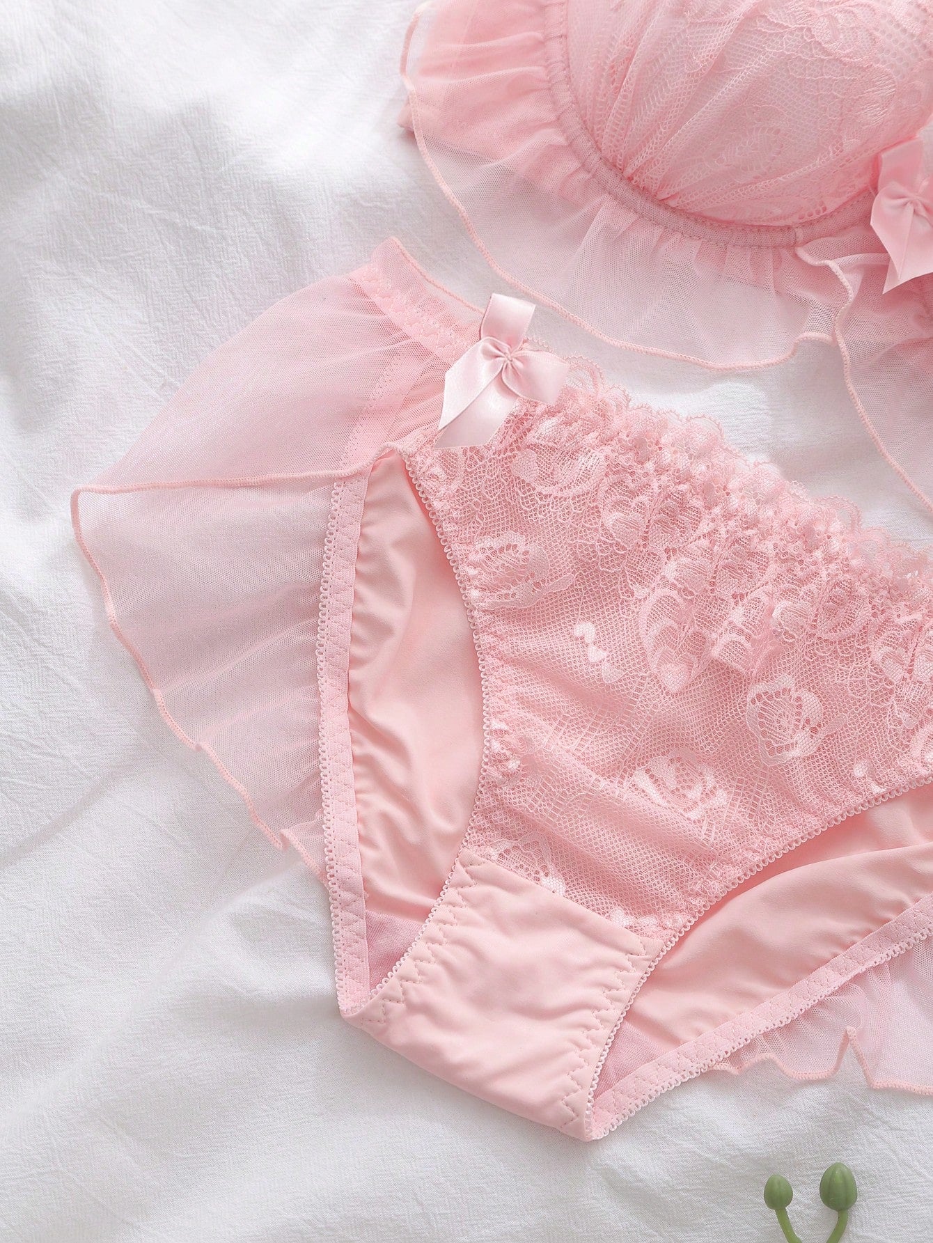 1pc Sheer Embroidered Mesh Babydoll Lingerie Set, Padded Cup With Underwire, Intimate Sleepwear For Summer Holiday, Pink Girly Women's Underwear Set