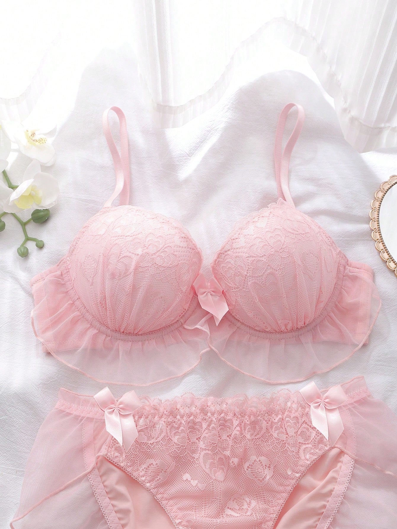 1pc Sheer Embroidered Mesh Babydoll Lingerie Set, Padded Cup With Underwire, Intimate Sleepwear For Summer Holiday, Pink Girly Women's Underwear Set