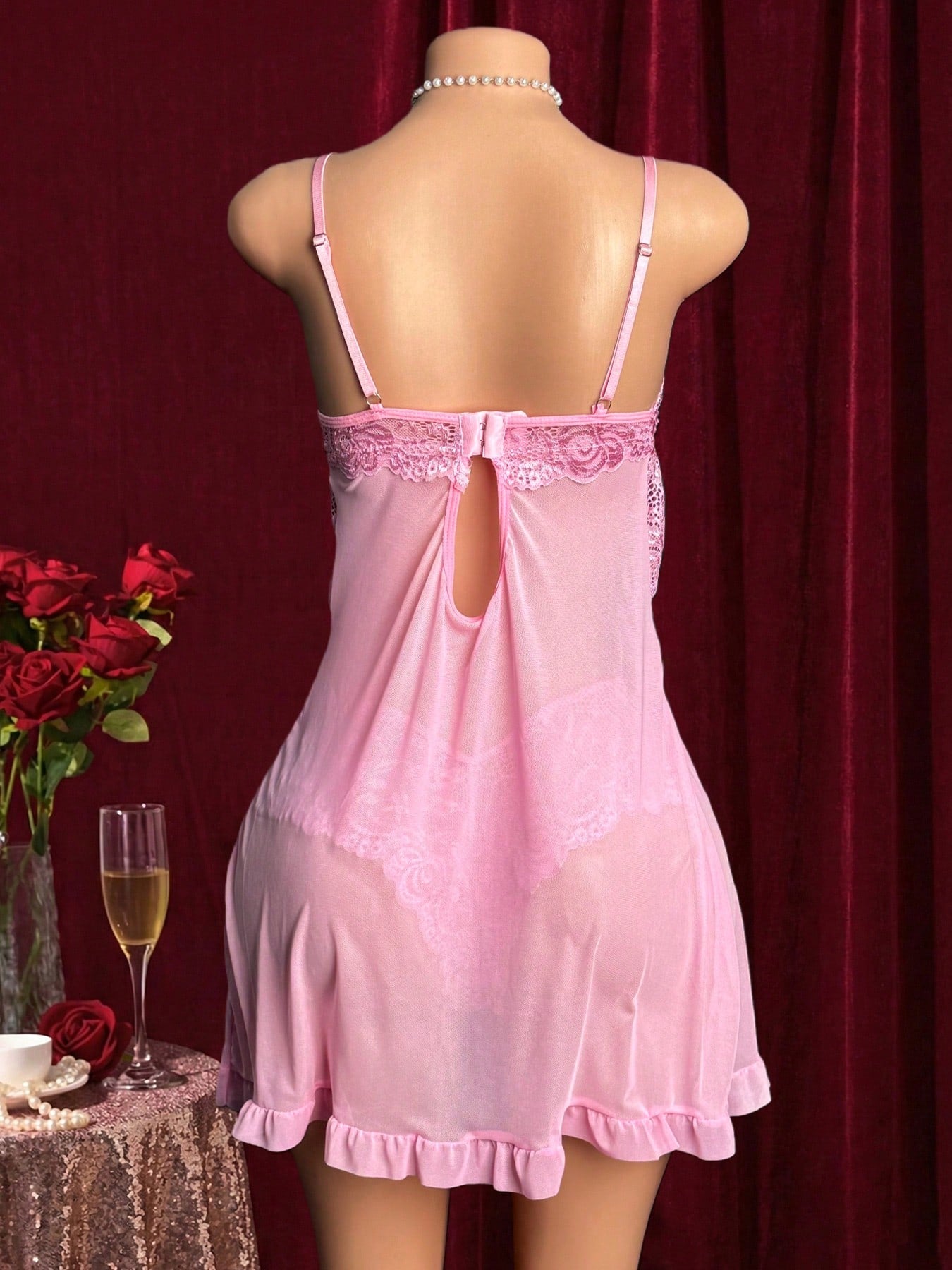 Women's 2-piece sexy lingerie set featuring a deep V sheer contrast lace babydoll bra with adjustable spaghetti straps and matching low-rise briefs; wireless plunge style with short sleeveless romantic design.