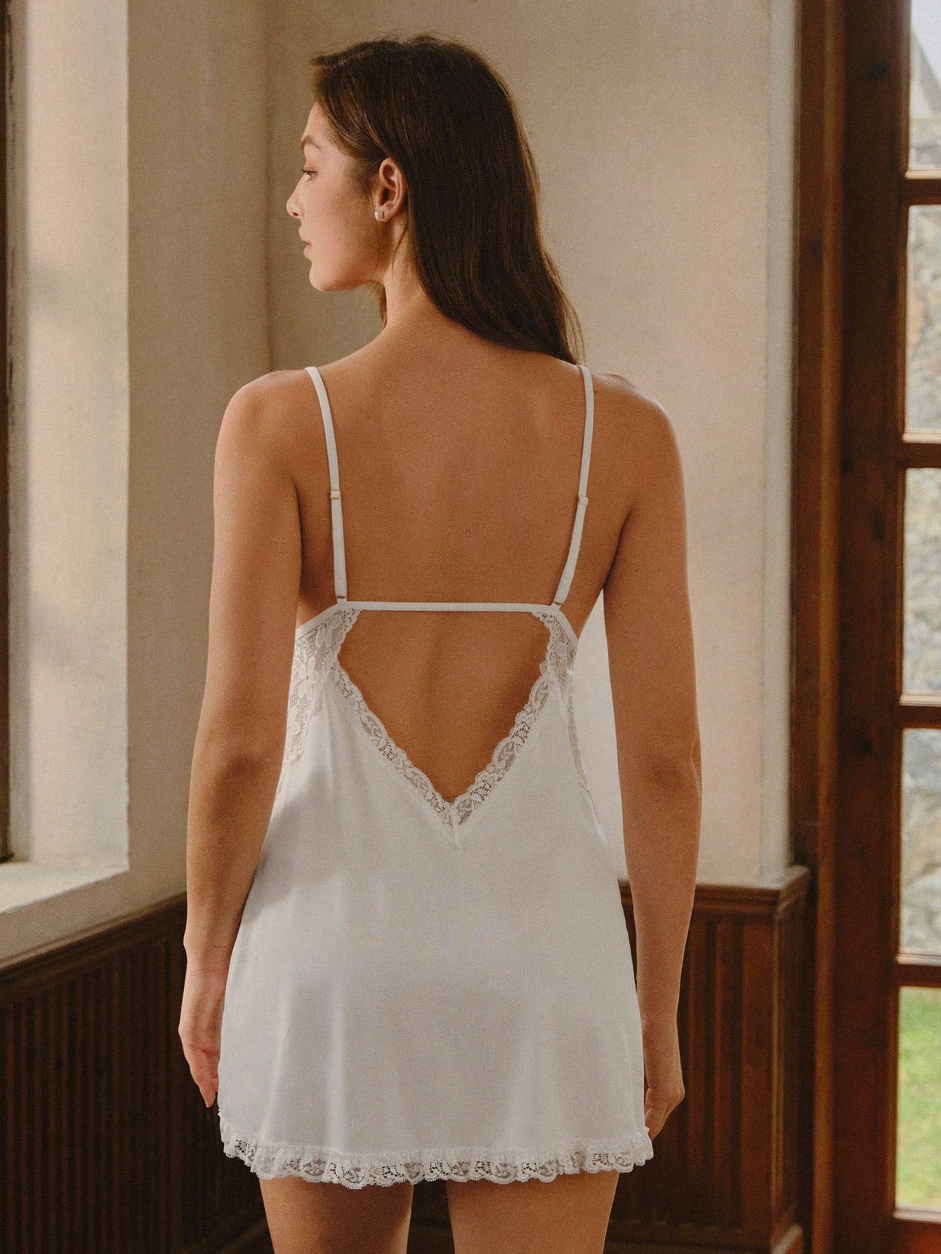 Lace Trim Bow Detail Backless Satin Pajama Night Dress Luxeloungewearfor Summer