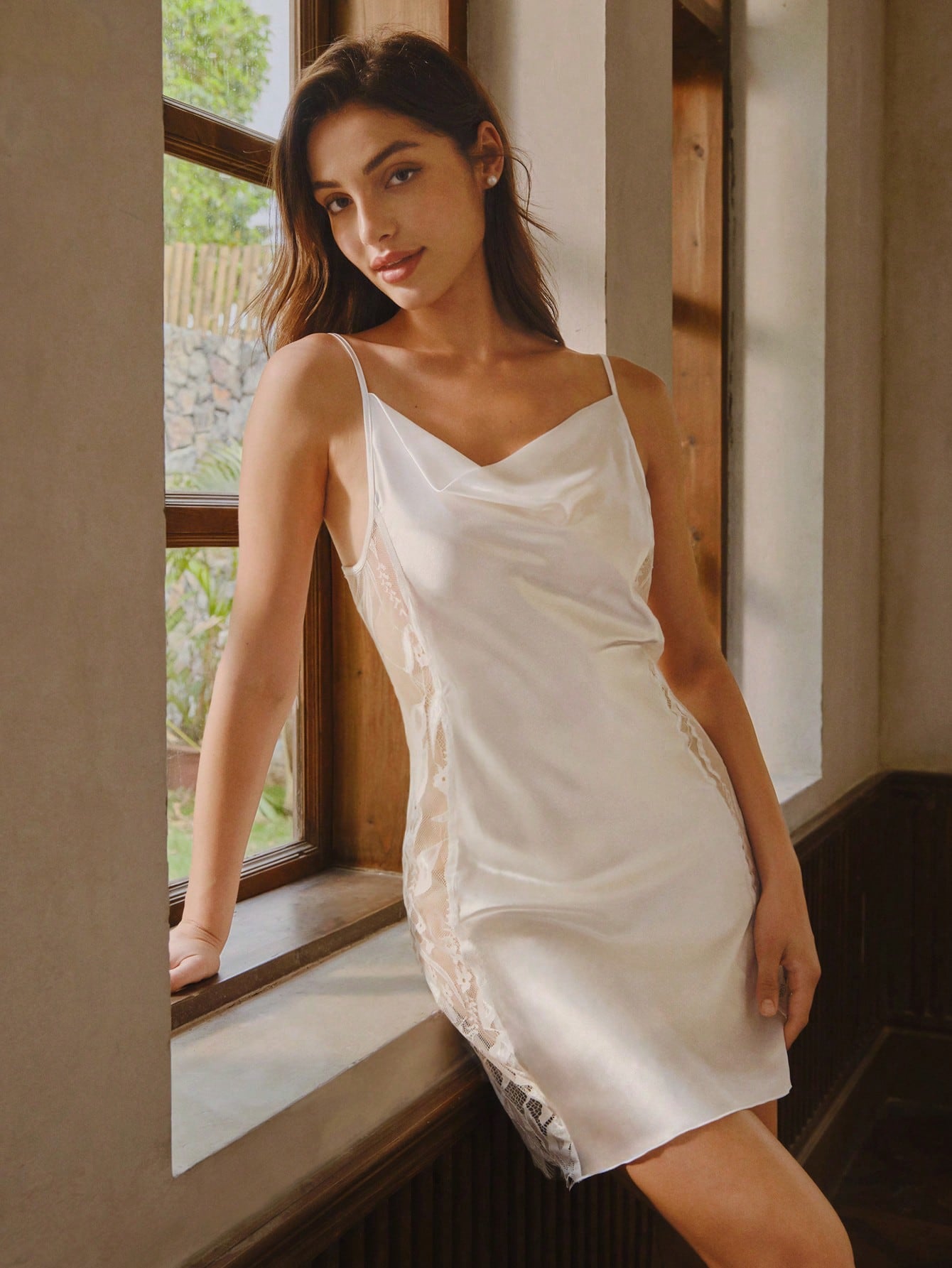 Lace Patchwork Satin V-Neck Women's Pajama Slip Dress With Spaghetti Straps Bridallingeriefor Summer