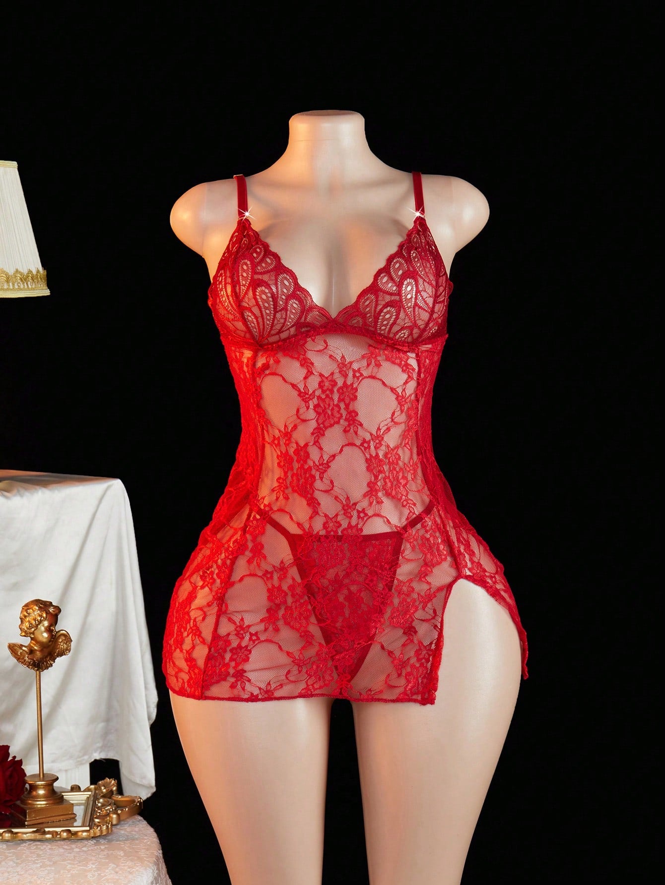Two-piece burgundy lace nightgown lingerie set featuring a short sleeveless slip dress with spaghetti straps, backless design, slit detail, and a matching mid-rise V-string panty.
