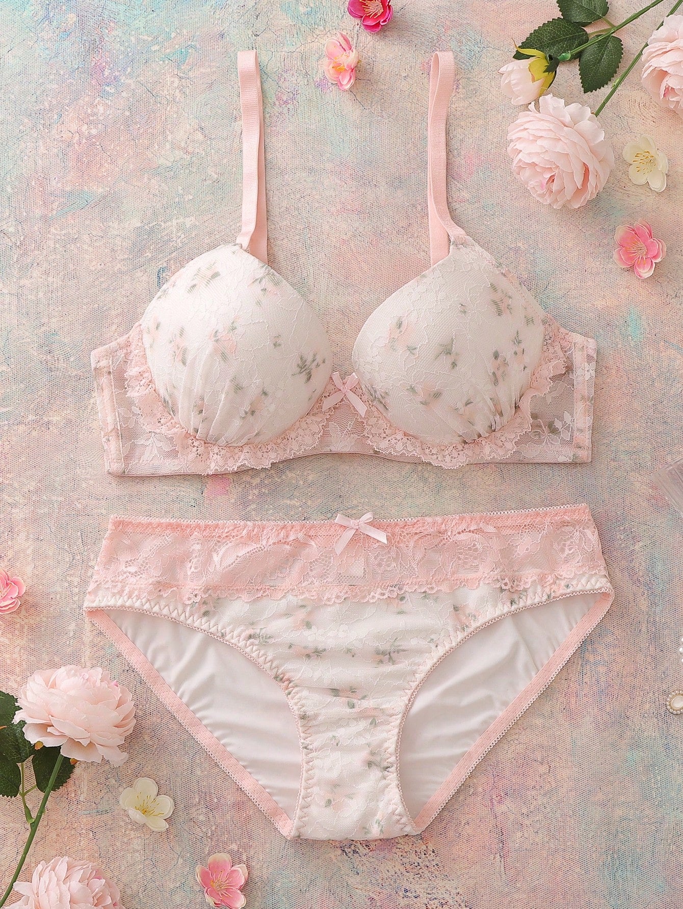 2pcs Floral Lace Print Balconette Bra And Panty Set, Comfortable, Romantic , Cute Wedding Hot Pink Summer
