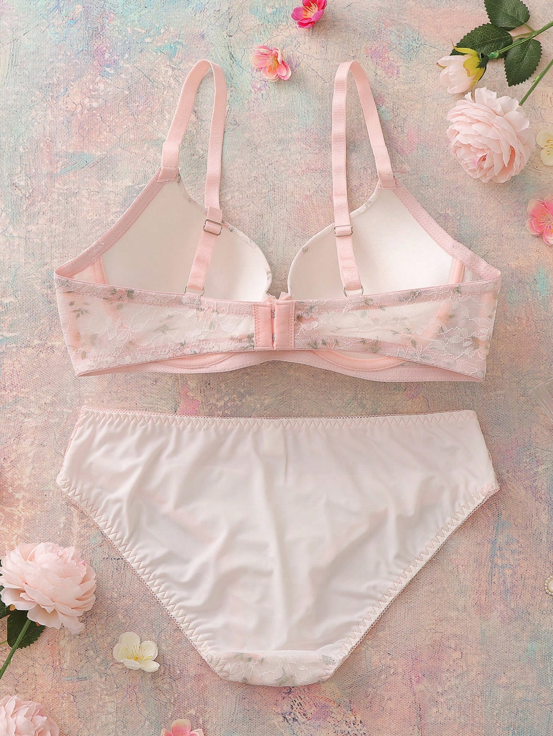 2pcs Floral Lace Print Balconette Bra And Panty Set, Comfortable, Romantic , Cute Wedding Hot Pink Summer