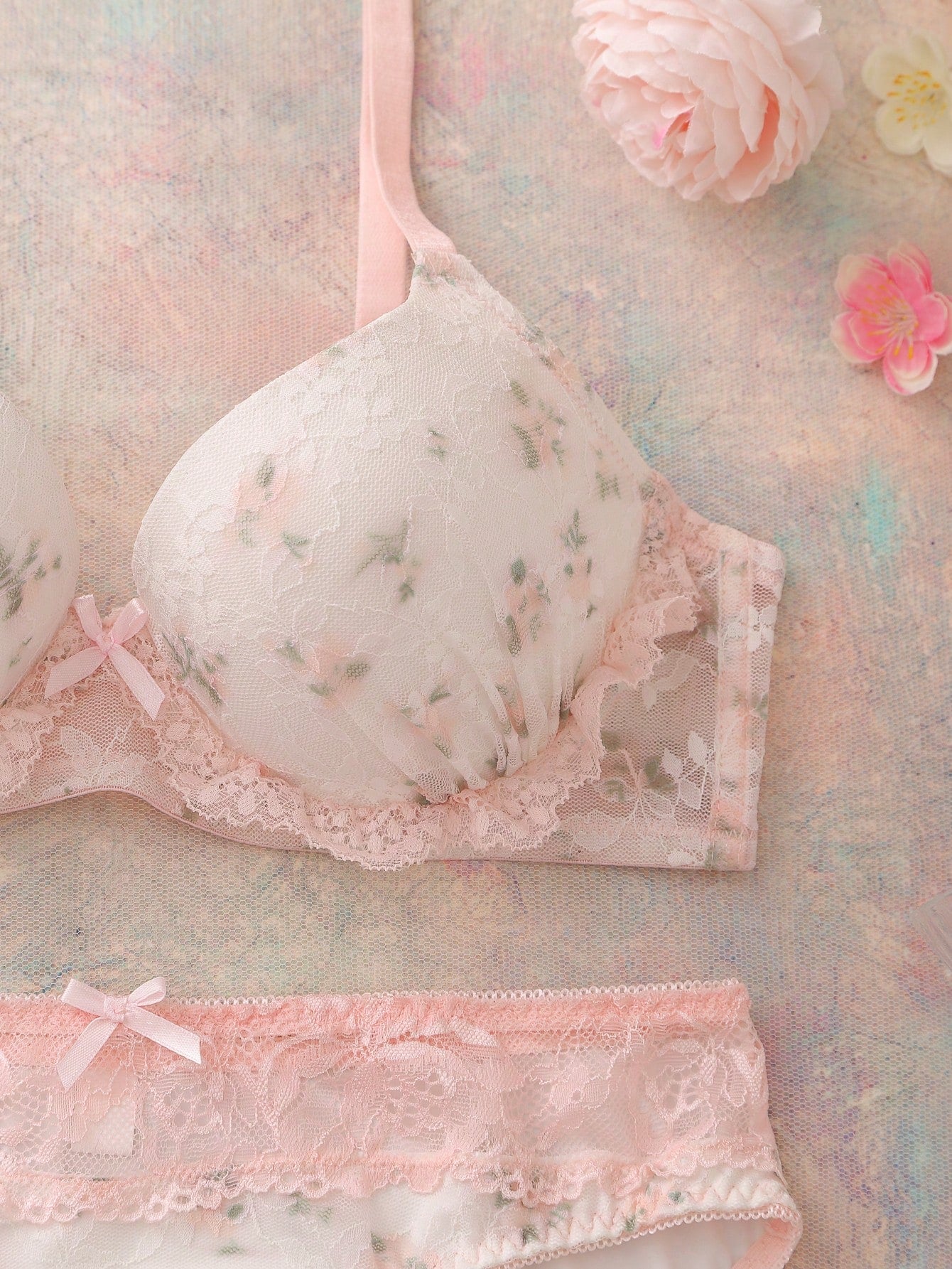 2pcs Floral Lace Print Balconette Bra And Panty Set, Comfortable, Romantic , Cute Wedding Hot Pink Summer