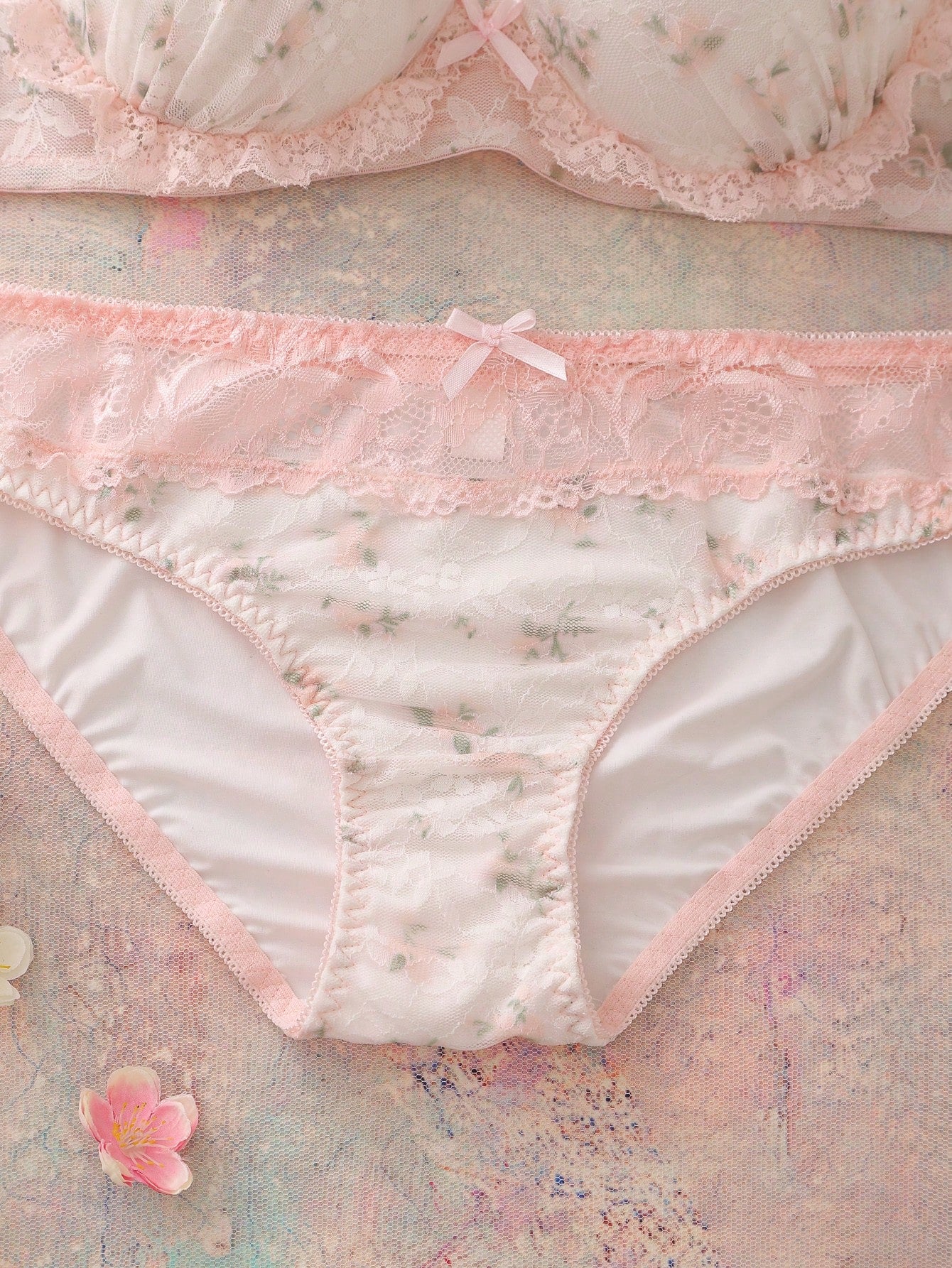 2pcs Floral Lace Print Balconette Bra And Panty Set, Comfortable, Romantic , Cute Wedding Hot Pink Summer