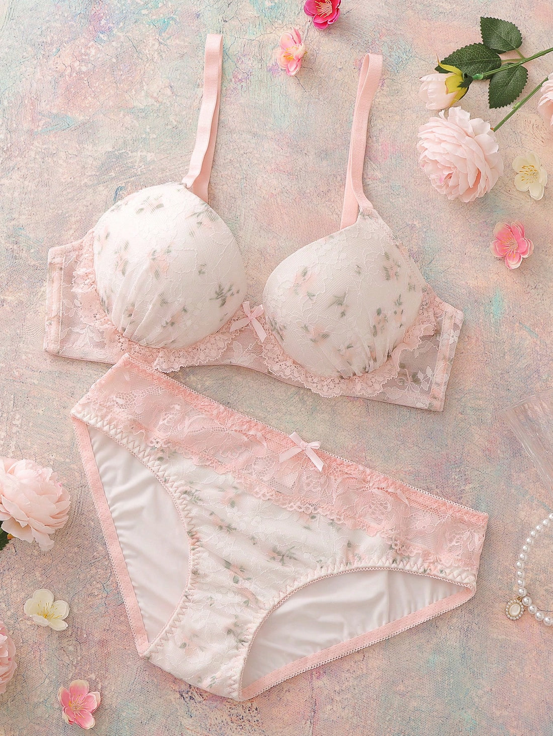 2pcs Floral Lace Print Balconette Bra And Panty Set, Comfortable, Romantic , Cute Wedding Hot Pink Summer