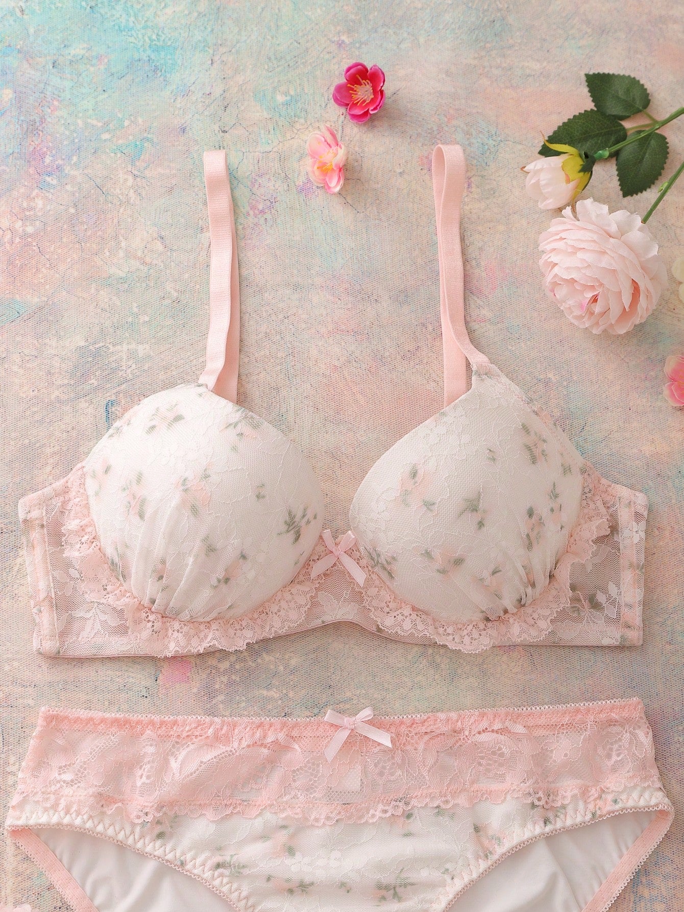 2pcs Floral Lace Print Balconette Bra And Panty Set, Comfortable, Romantic , Cute Wedding Hot Pink Summer