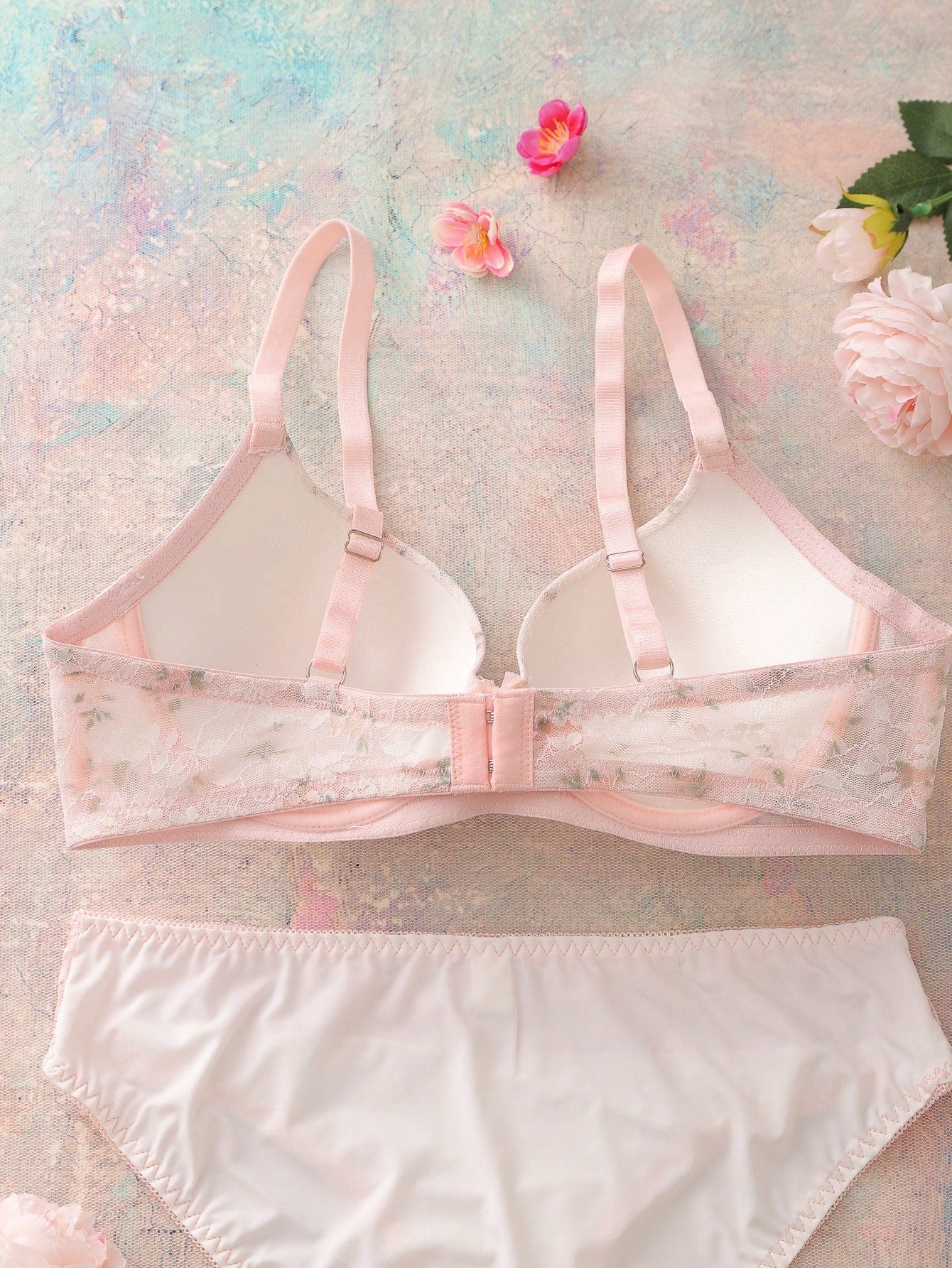 2pcs Floral Lace Print Balconette Bra And Panty Set, Comfortable, Romantic , Cute Wedding Hot Pink Summer
