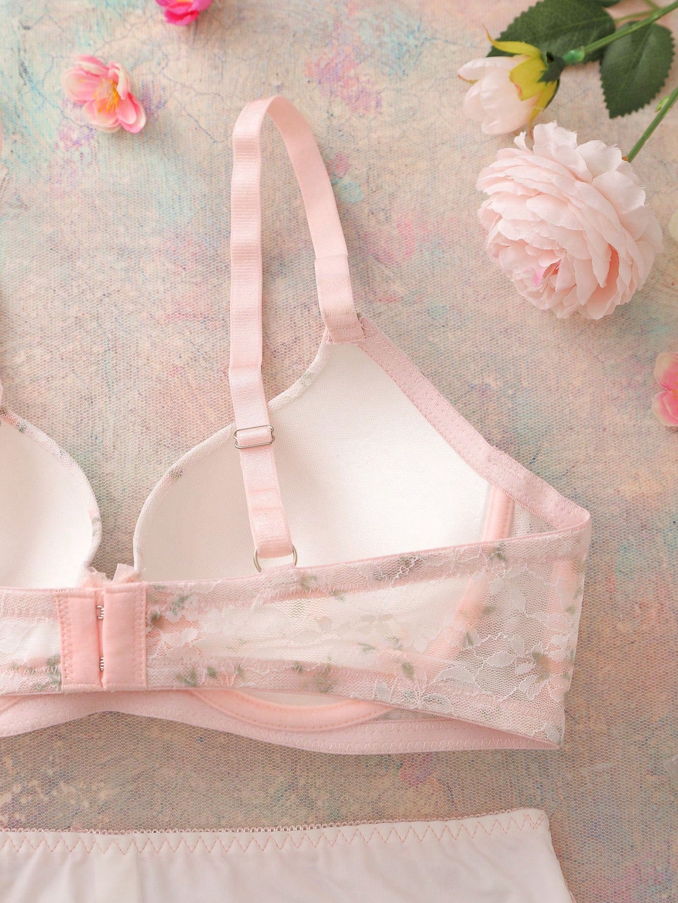 2pcs Floral Lace Print Balconette Bra And Panty Set, Comfortable, Romantic , Cute Wedding Hot Pink Summer