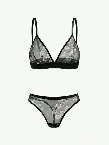 Floral Print Mesh Bra & Panty Lingerie Setfor Summerfor Summer