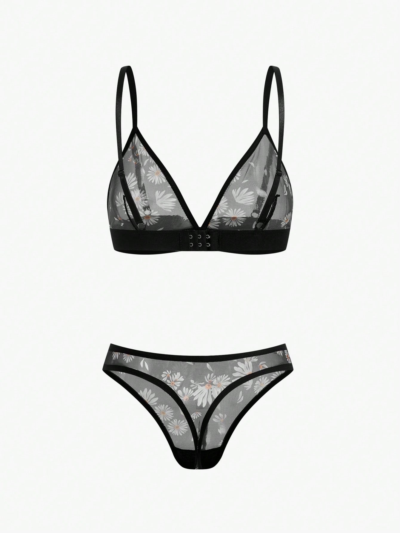 Floral Print Mesh Bra & Panty Lingerie Setfor Summerfor Summer