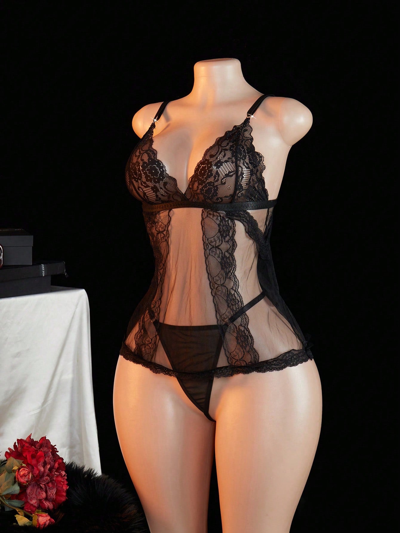 Women's 2-piece lace mesh lingerie set featuring a sheer, backless short nightgown with adjustable spaghetti straps and a matching low-rise thong (G-string); wireless triangle style, available in Black, Burgundy, and Multicolor.
