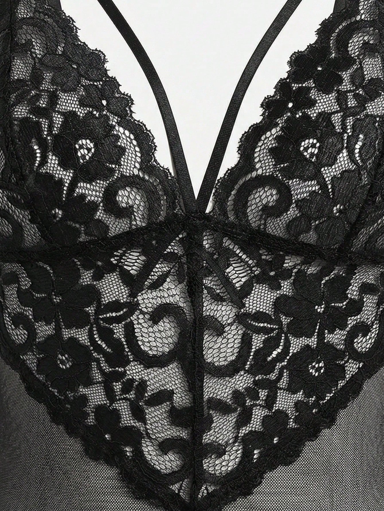 Black eyelash lace panel teddy bodysuit lingerie with sheer baroque pattern, spaghetti straps, triangle underwire bra, and thong back.